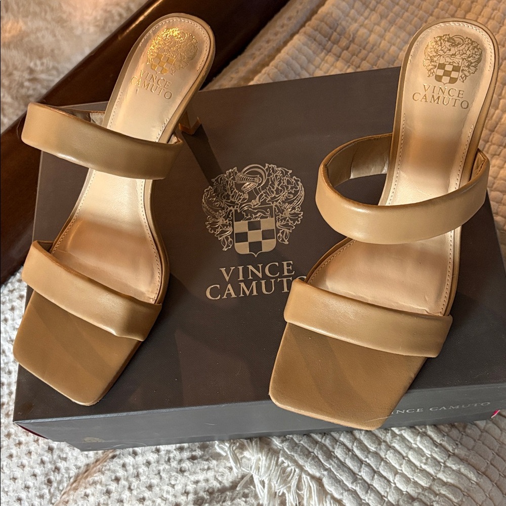 Vince Camuto Tan Double-Band Square-Toe Heeled Mules- size 9.5